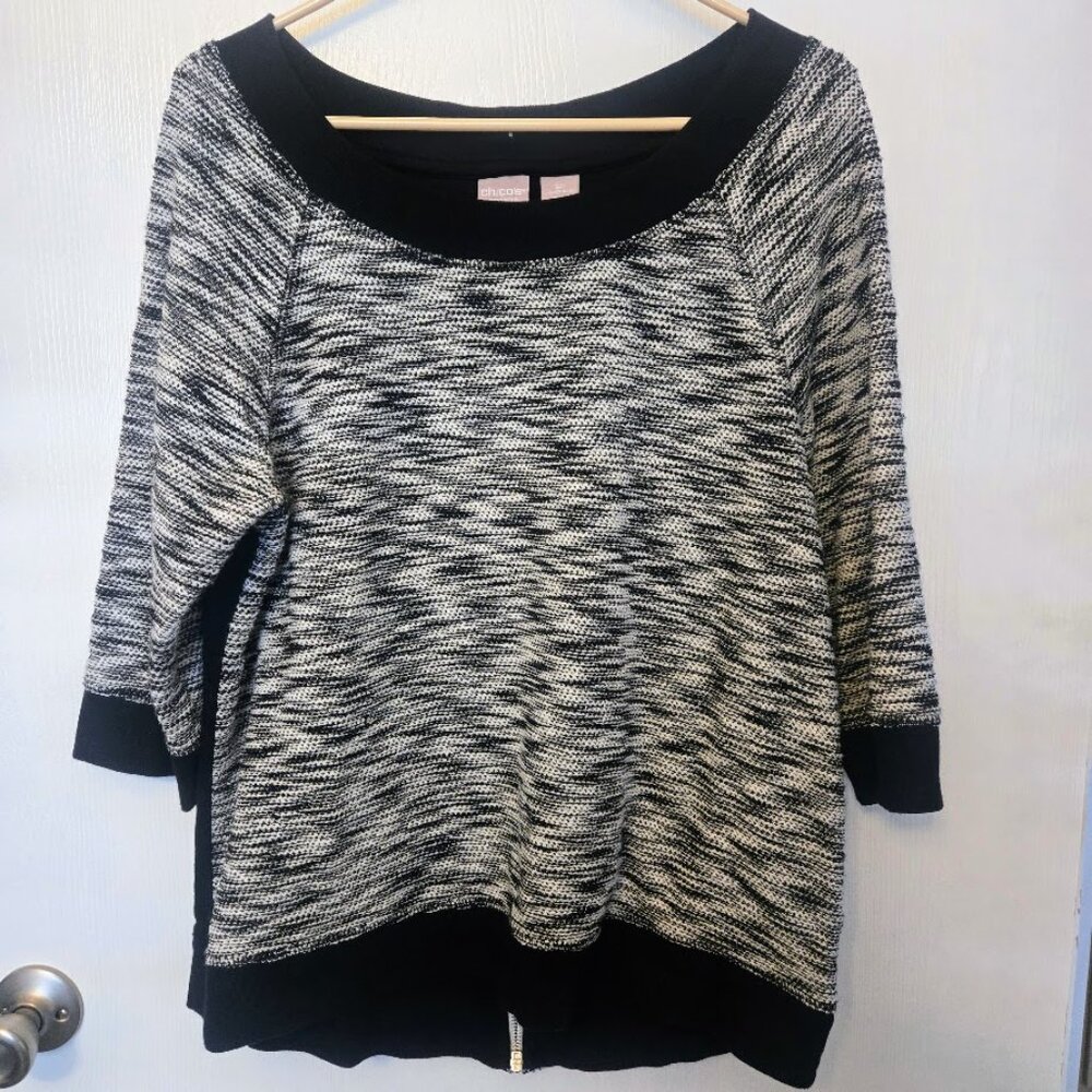 NWOT Chico's Zenergy black spacedye zip back‎ 3/4 sleeve tunic top Size 3/XL